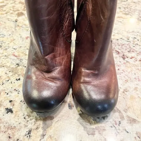 Nicole Brown Leather Almond Toe Heeled Booties Womens Size 6 Western Classic - Picture 3 of 7